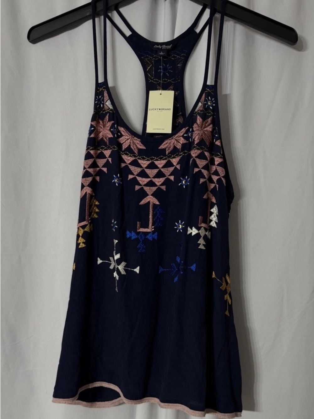 Lucky Brand Navy Embroidered Racerback Camisole with Multicolor Accents